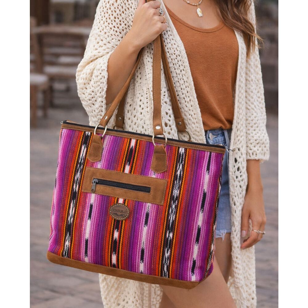 Honduras Handwoven Boho Tote Bag Leather Trim Colorful Artisan Purse